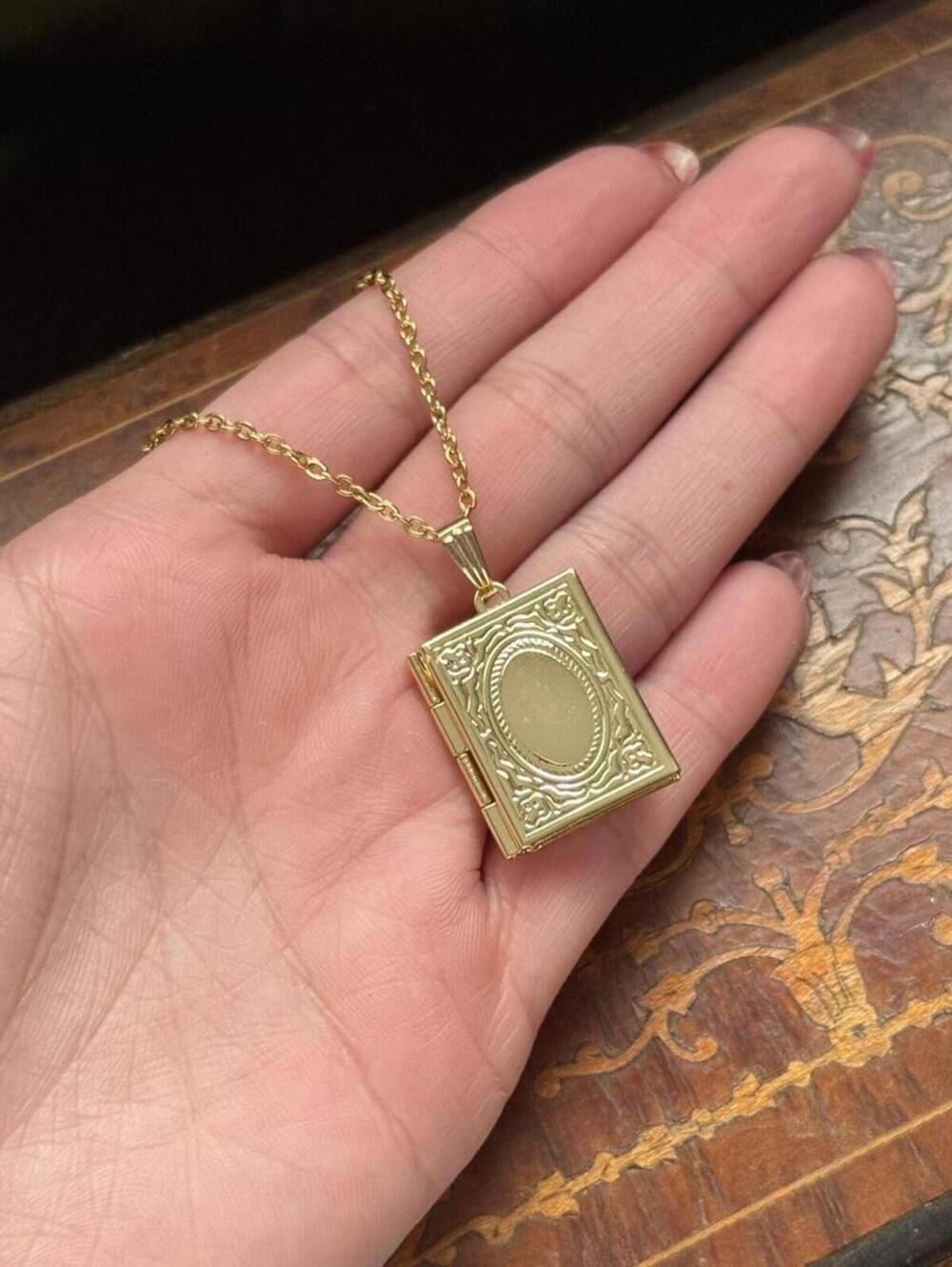 Vintage Style Gold Tone Book Locket Necklace